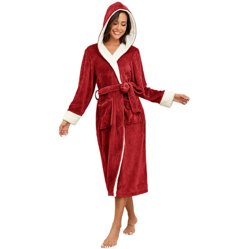 Wholesale Flannel Color Hooded Autumn and Winter Long Bathrobe Couple Pajamas